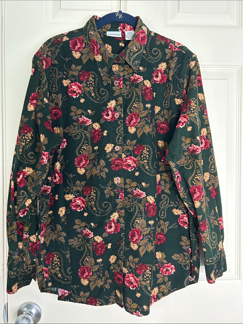 Cabin Creek Vintage GREEN Floral Rose Paisley Button Up Shirt Corduroy Sz Large